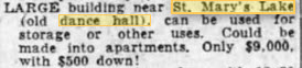 St. Marys Lake Dance Hall - Jan 1959 Ad - Place Was For Sale